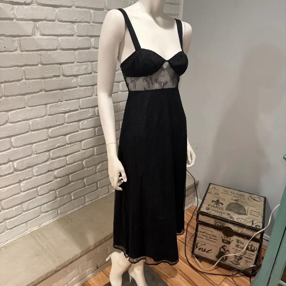 DANIELLE BERNSTEIN Black Lace Slip Dress Maxi Sheer Bust Lingerie Style Vintage